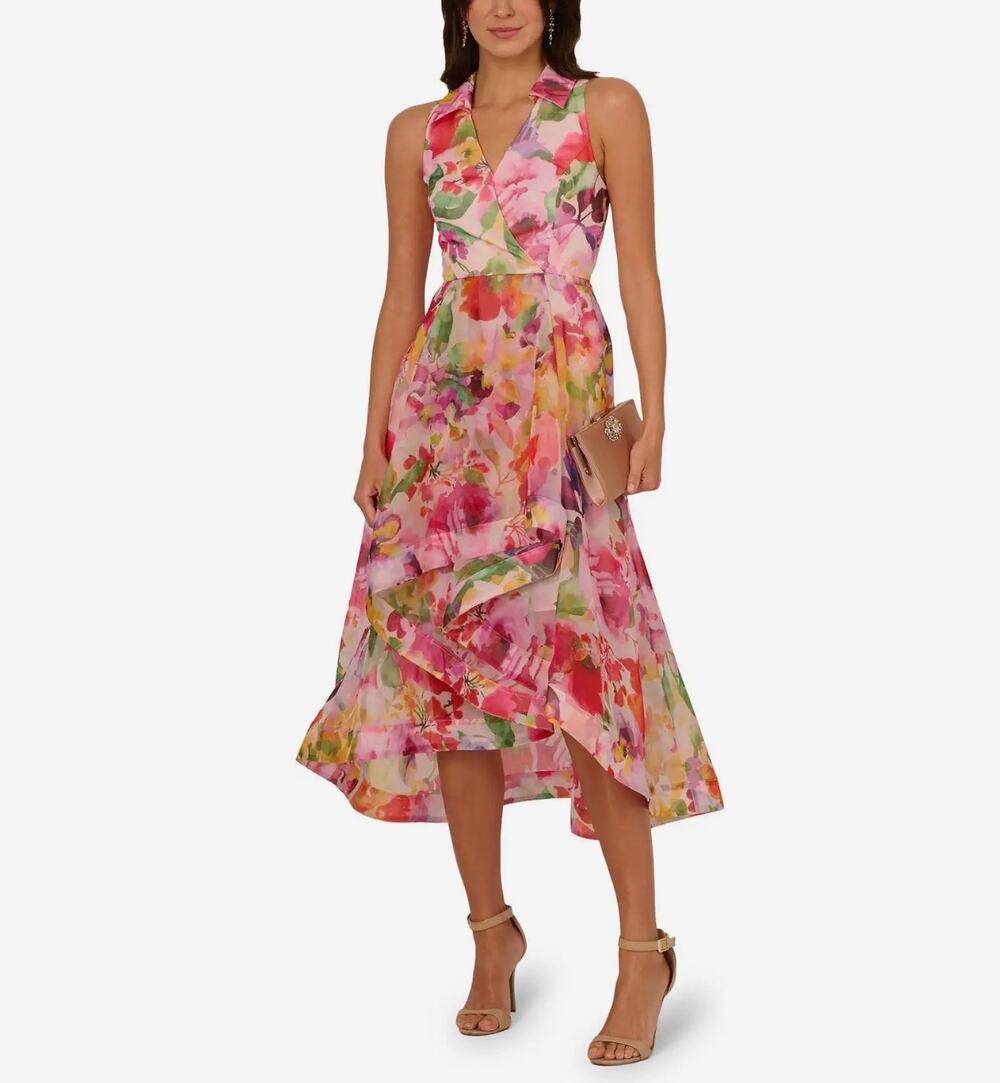 New Adrianna papell Printed High-Low Dress floral pink sz 2